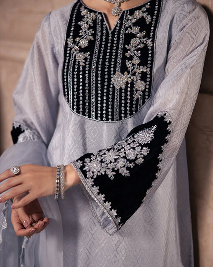 Celestial Silver | Silver Grey Hand Embellished Velvet Suit