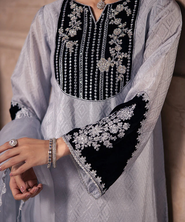 Celestial Silver | Silver Grey Hand Embellished Velvet Suit