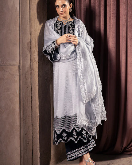 Celestial Silver | Silver Grey Hand Embellished Velvet Suit