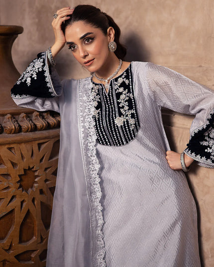 Celestial Silver | Silver Grey Hand Embellished Velvet Suit