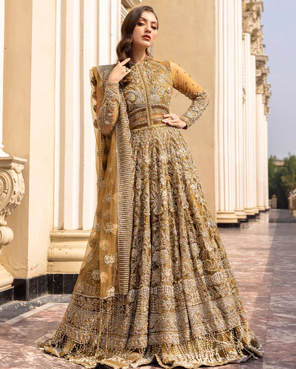 Ochre | Mehendi Net Bridal Embellished Gown
