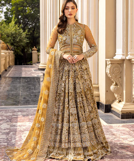 Ochre | Mehendi Net Bridal Embellished Gown