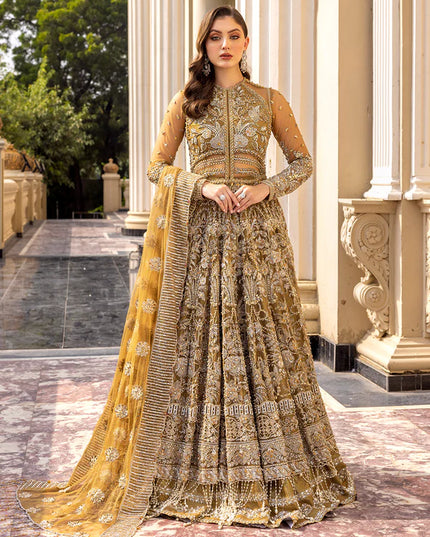 Ochre | Mehendi Net Bridal Embellished Gown
