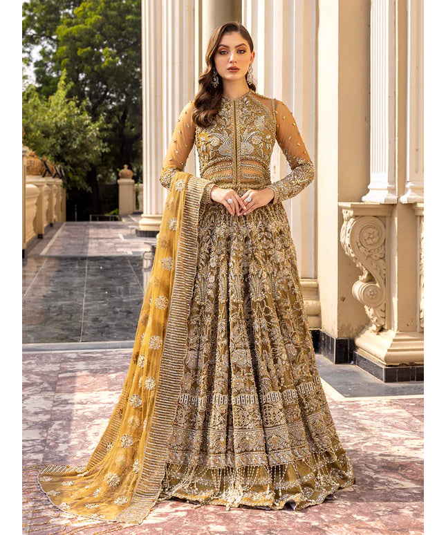 Ochre | Mehendi Net Bridal Embellished Gown