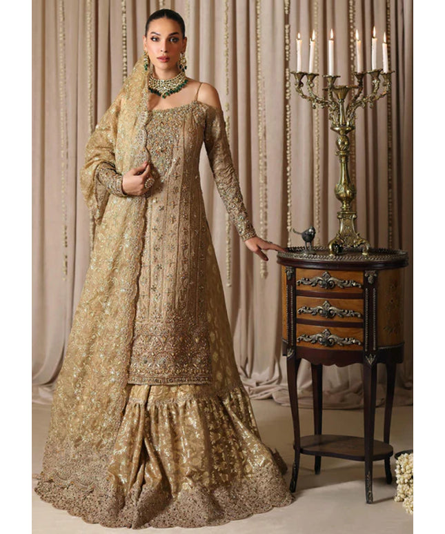 Zunia | Gold Bridal Chiffon Hand Embellished Gharara