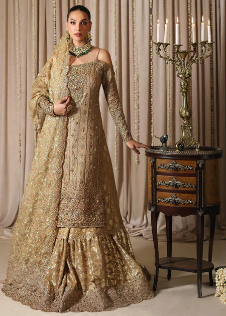 Zunia | Gold Bridal Chiffon Hand Embellished Gharara