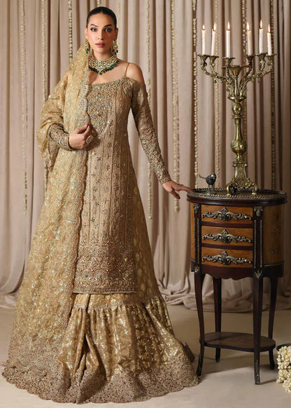 Zunia | Gold Bridal Chiffon Hand Embellished Gharara