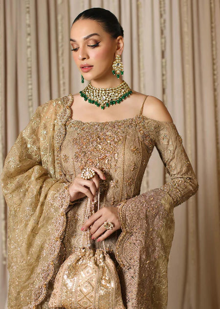 Zunia | Gold Bridal Chiffon Hand Embellished Gharara