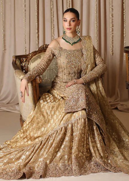 Zunia | Gold Bridal Chiffon Hand Embellished Gharara