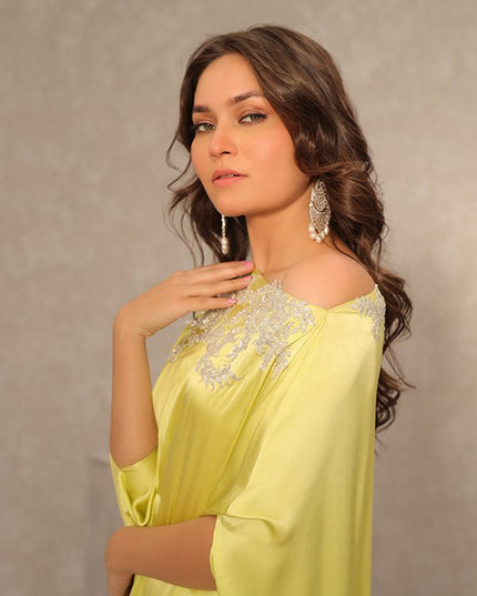 Celine | Lime Green Silk Hand Embellished Kaftan