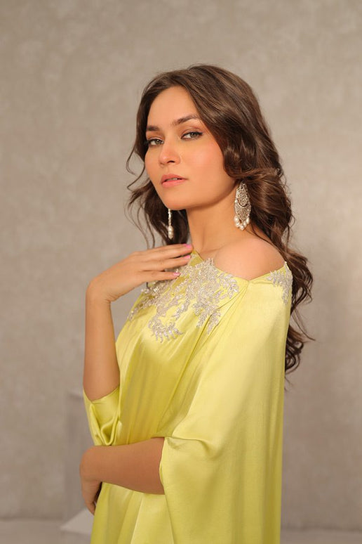 Celine | Lime Green Silk Hand Embellished Kaftan