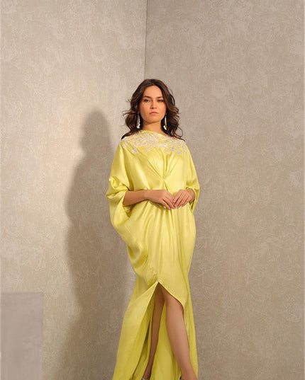 Celine | Lime Green Silk Hand Embellished Kaftan