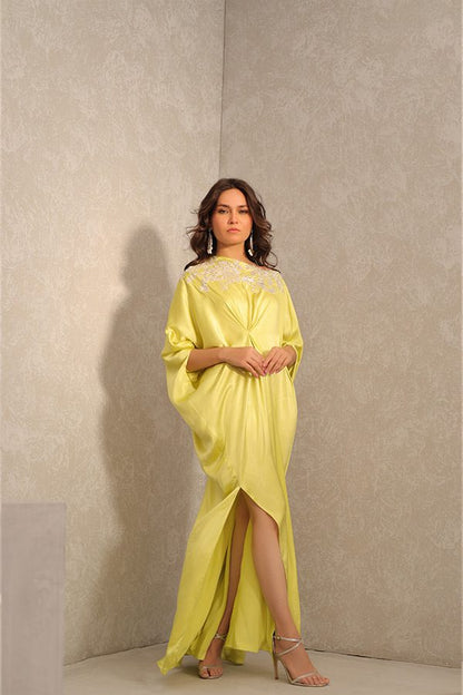 Celine | Lime Green Silk Hand Embellished Kaftan