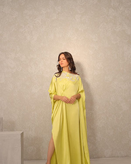 Celine | Lime Green Silk Hand Embellished Kaftan