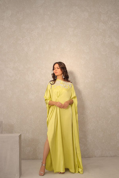 Celine | Lime Green Silk Hand Embellished Kaftan