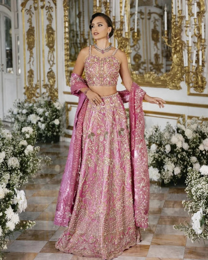 Roseann | Rose Pink Bridal Net Embellished Lehenga Choli