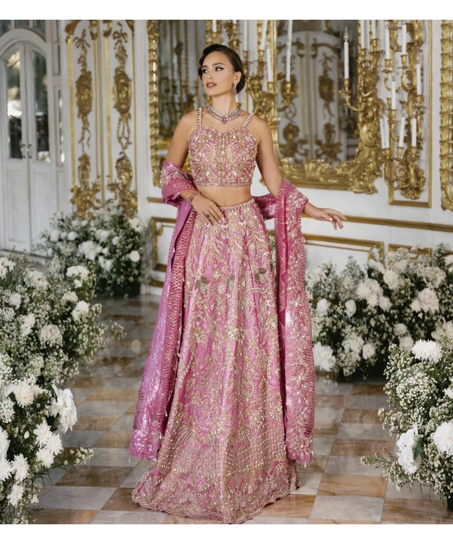 Roseann | Rose Pink Bridal Net Embellished Lehenga Choli