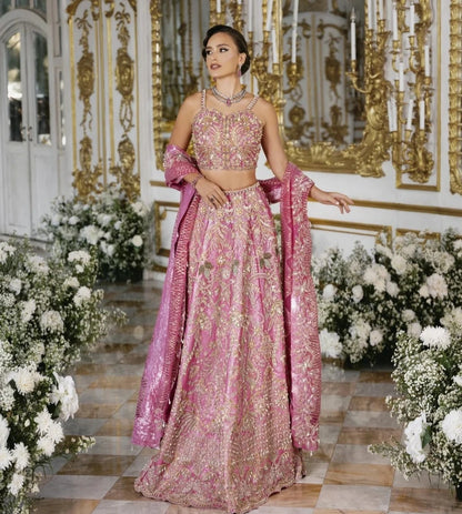 Roseann | Rose Pink Bridal Net Embellished Lehenga Choli