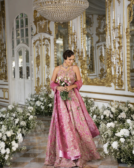 Roseann | Rose Pink Bridal Net Embellished Lehenga Choli