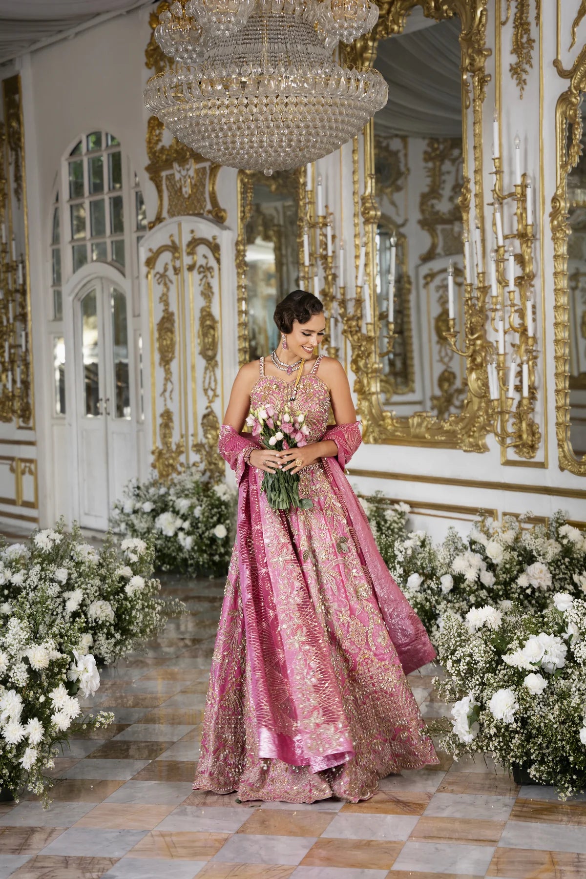 Roseann | Rose Pink Bridal Net Embellished Lehenga Choli