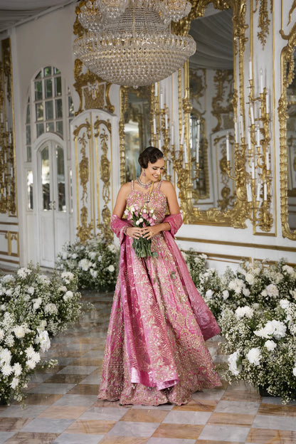 Roseann | Rose Pink Bridal Net Embellished Lehenga Choli