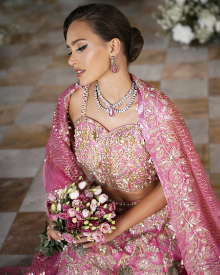 Roseann | Rose Pink Bridal Net Embellished Lehenga Choli