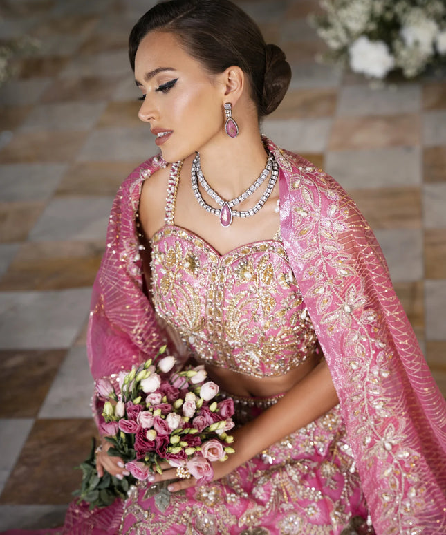 Roseann | Rose Pink Bridal Net Embellished Lehenga Choli