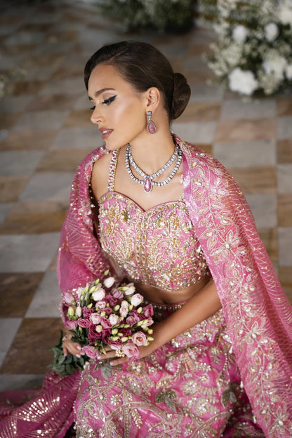 Roseann | Rose Pink Bridal Net Embellished Lehenga Choli