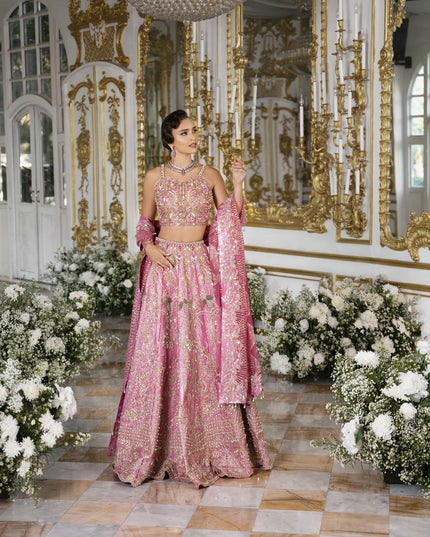 Roseann | Rose Pink Bridal Net Embellished Lehenga Choli