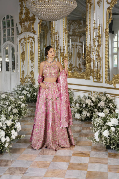 Roseann | Rose Pink Bridal Net Embellished Lehenga Choli