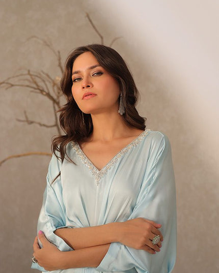 Cersie | Ice Blue Silk Hand Embellished Kaftan