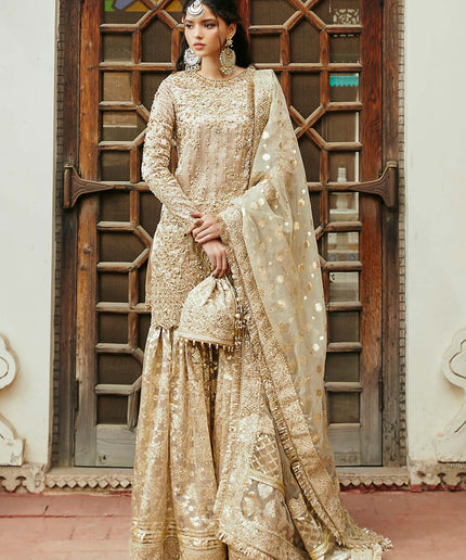 Chaman | Gold Embellished Pure Tissue Gharara