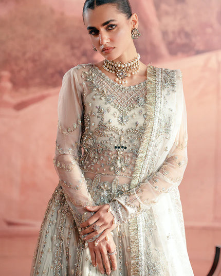 Chandni | Off White Net Hand Embellished Embroidered Frock