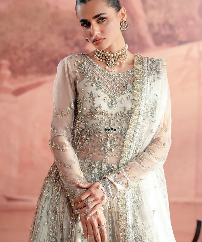 Chandni | Off White Net Hand Embellished Embroidered Frock