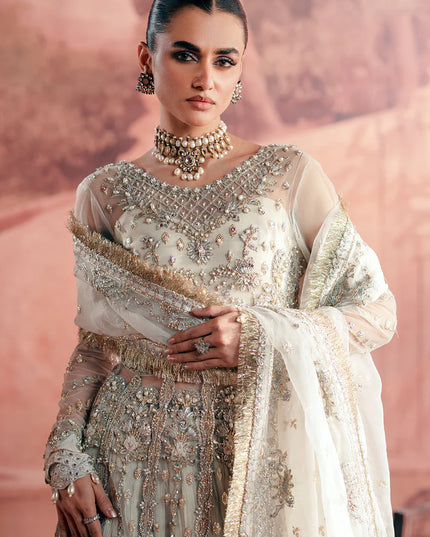 Chandni | Off White Net Hand Embellished Embroidered Frock