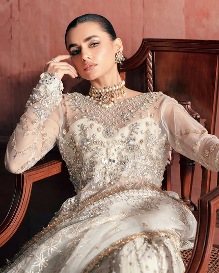 Chandni | Off White Net Hand Embellished Embroidered Frock