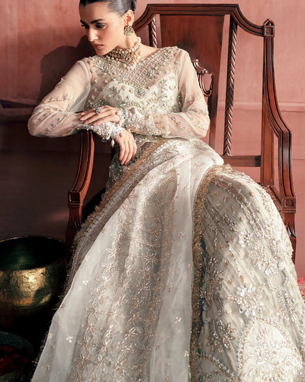 Chandni | Off White Net Hand Embellished Embroidered Frock