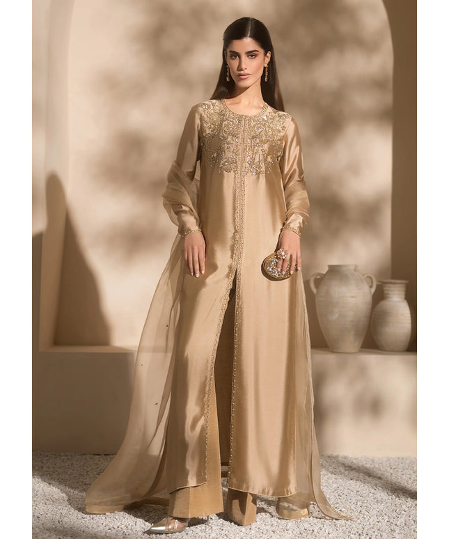 Charm | Beige Gold Pure Silk Tissue Embellished Suit