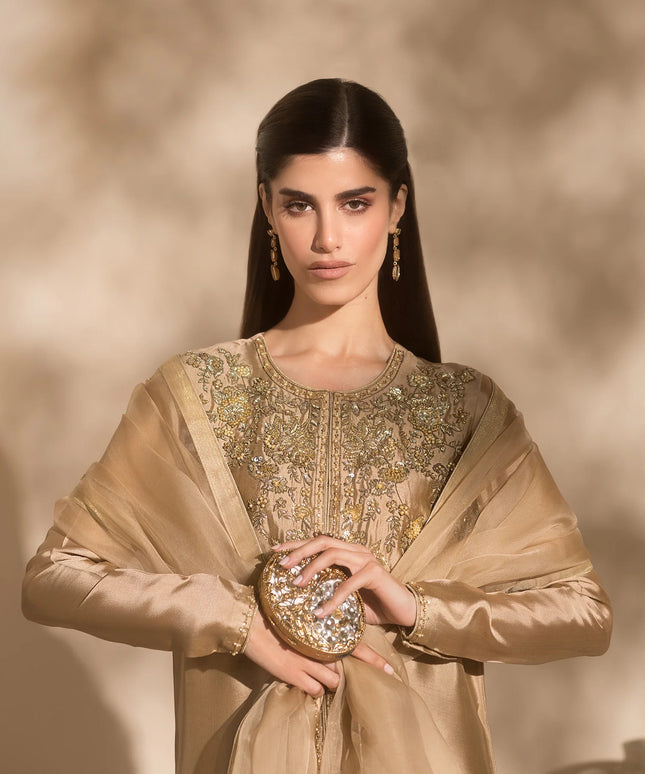 Charm | Beige Gold Pure Silk Tissue Embellished Suit