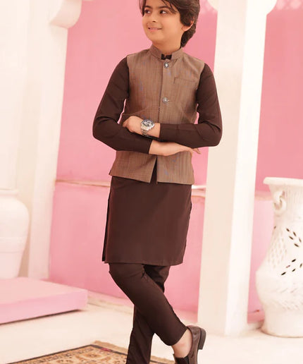 3 Piece | Boys Classic Brown Waistcoat and Kurta with Trousers