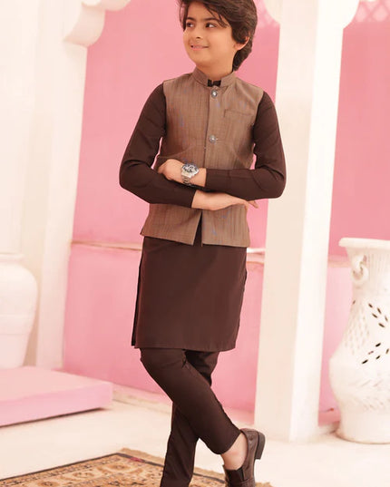 3 Piece | Boys Classic Brown Waistcoat and Kurta with Trousers