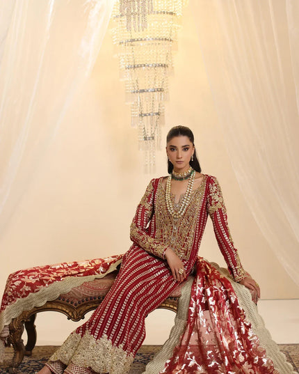 Crimson | Deep Red Premium Chiffon Embroidered Embellished Suit