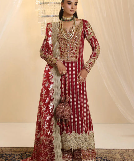 Crimson | Deep Red Premium Chiffon Embroidered Embellished Suit