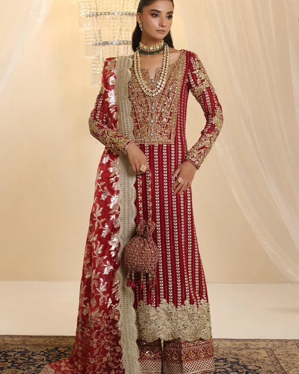 Crimson | Deep Red Premium Chiffon Embroidered Embellished Suit