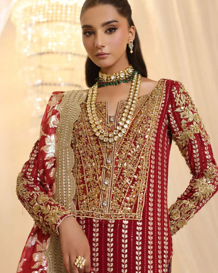 Crimson | Deep Red Premium Chiffon Embroidered Embellished Suit