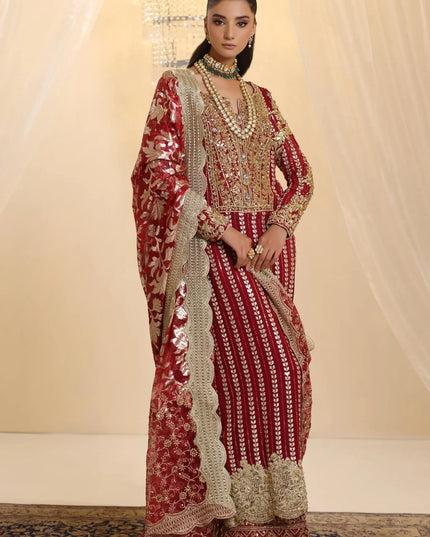 Crimson | Deep Red Premium Chiffon Embroidered Embellished Suit