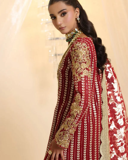 Crimson | Deep Red Premium Chiffon Embroidered Embellished Suit