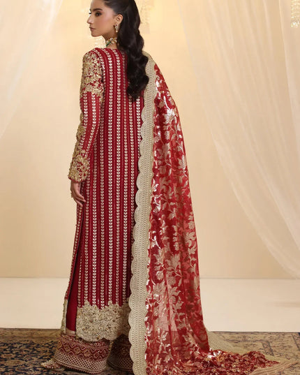 Crimson | Deep Red Premium Chiffon Embroidered Embellished Suit