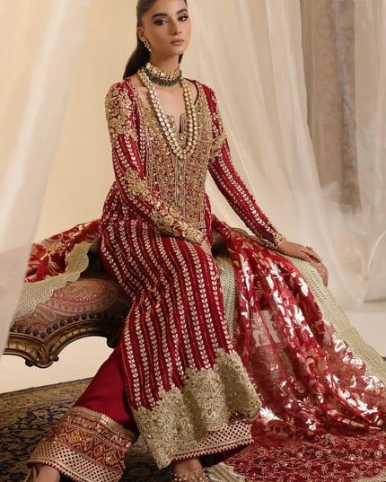 Crimson | Deep Red Premium Chiffon Embroidered Embellished Suit