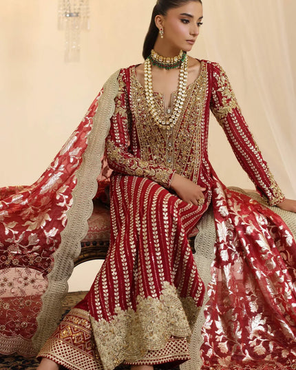 Crimson | Deep Red Premium Chiffon Embroidered Embellished Suit